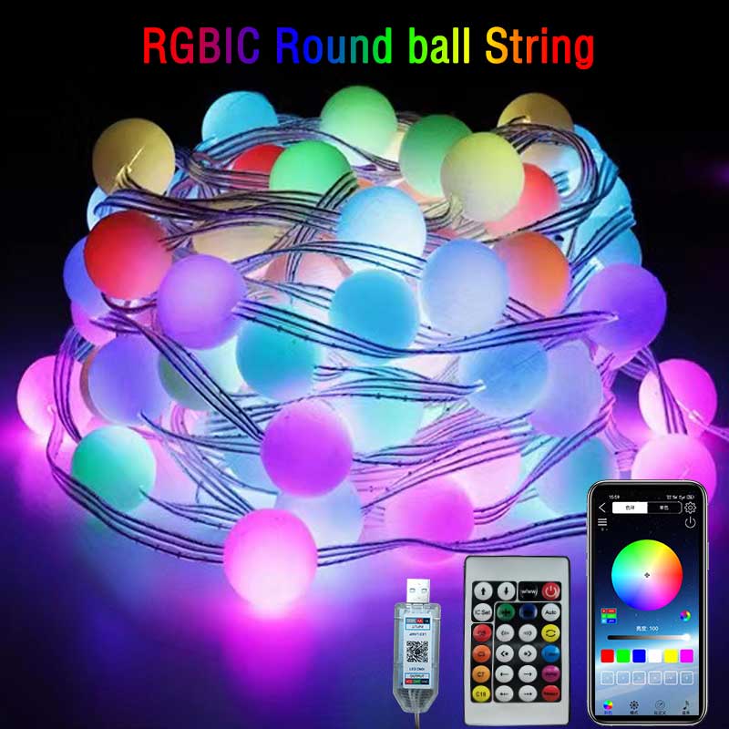 Outdoor Camping Lights String - RGBIC Round ball 5V USB Bluetooth